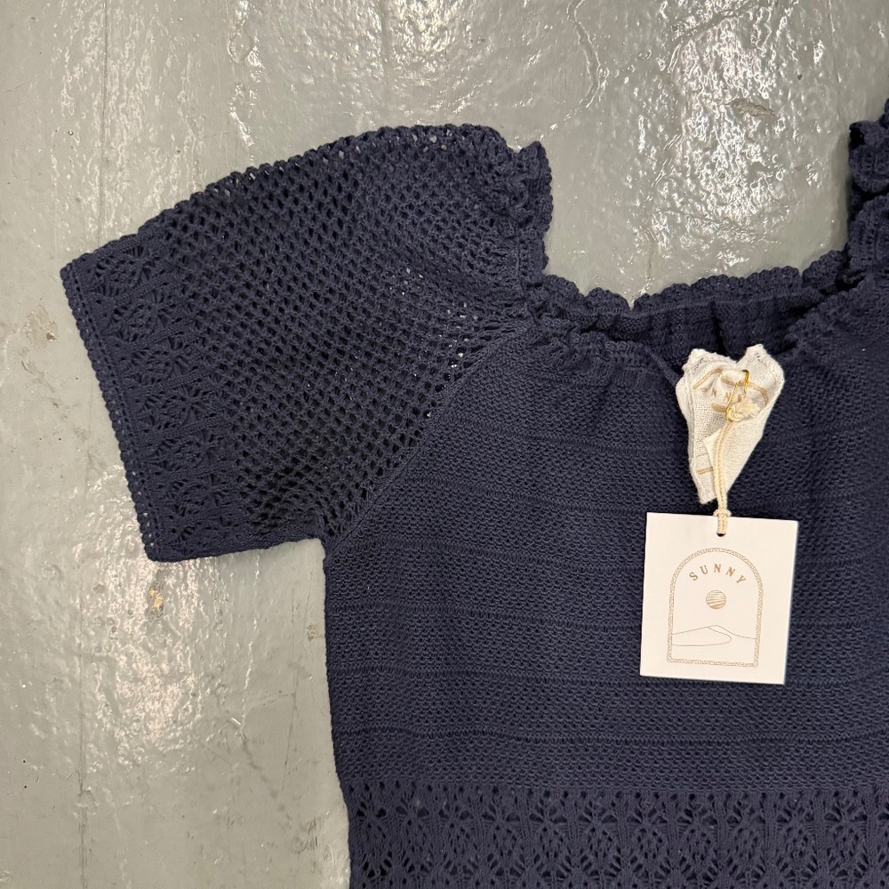 NWT 100% Cotton Knit Off the Shoulder Midi Dress in Navy Blue